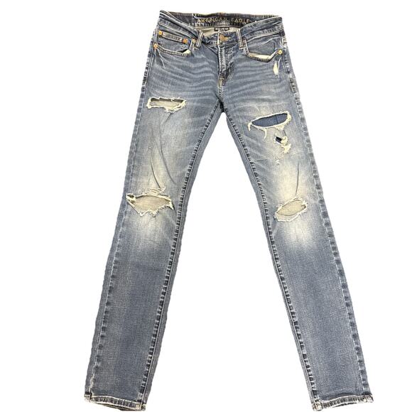 American Eagle Womens Next Level flex Skinny Jeans Size 29x32 Blue Distressed - Picture 1 of 16